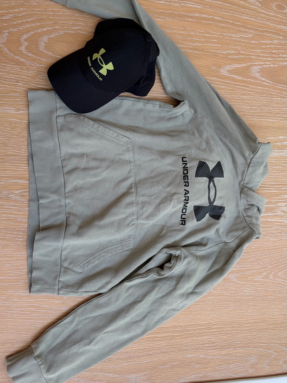 Under Armour Sage Green Pullover Hoodie with Black Logo and Hat